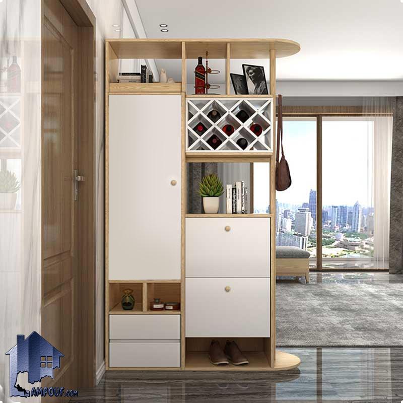 SHJ387 (1) جاکفشی پارتیشن SHJ387 به صورت قفسه دار و دارای کشو و شلف بار و بطری و آویز لباس که به عنوان جدا کننده پذیرایی و ورودی منزل استفاده میشود.