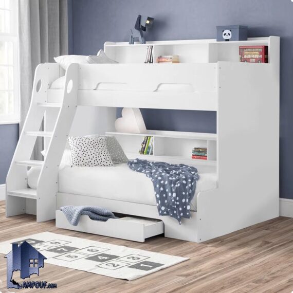 تخت خواب دو طبقه TBJ95 داری کشو و کتابخانه قفسه دار که به عنوان تختخواب نوجوان و بزرگسال و سرویس خواب کمجا در اتاق قرار می‌گیرد.