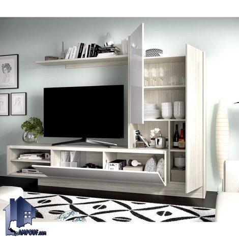 میز تلویزیون مدل TTJ115 دارای قفسه و ویترین و شلف و درب داشبوردی جک دار که به عنوان زیر تلویزیونی و میز ال سی دی در تی وی روم قرار می‌گیرد.