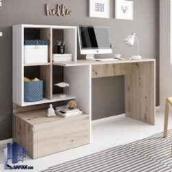 میز لپ تاپ SDJ127 دارای قفسه و کتابخانه و ویترین و درب جک دار که به عنوان میز کامپیوتر و تحریر و گیمینگ و میز کار و ترید استفاده میشود.