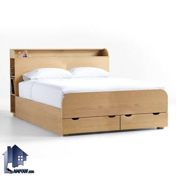 تخت خواب دو نفره DBJ189 دارای تاج با قفسه و به صورت کشو دار که به عنوان تخت باکس کینگ و کوئین دونفره در کنار سرویس خواب در اتاق خواب استفاده می‌شود.