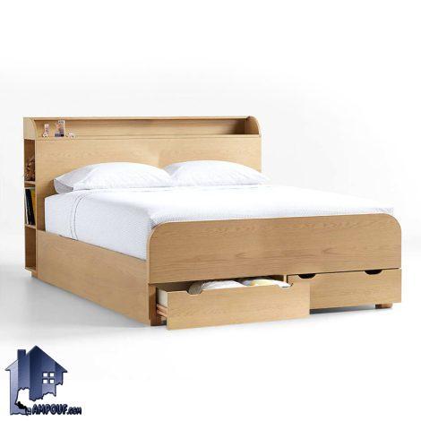 تخت خواب دو نفره DBJ189 دارای تاج با قفسه و به صورت کشو دار که به عنوان تخت باکس کینگ و کوئین دونفره در کنار سرویس خواب در اتاق خواب استفاده می‌شود.