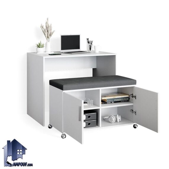 میز تحریر SDJ138 دارای پاف قفسه دار و چرخ دار با نشیمن نرم که به عنوان میز لپ تاپ و کار و گیمینگ کمجا در کنار سرویس خواب در اتاق خواب استفاده می‌شود.