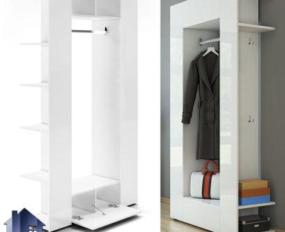 جاکفشی و جالباسی SHJ395 دارای قفسه، میله آویز رگال لباس، درب داشبوردی و آبچکانی جک دار به عنوان کمد کفش و لباس ورودی منزل یا کنار سرویس خواب قرار می‌گیرد.