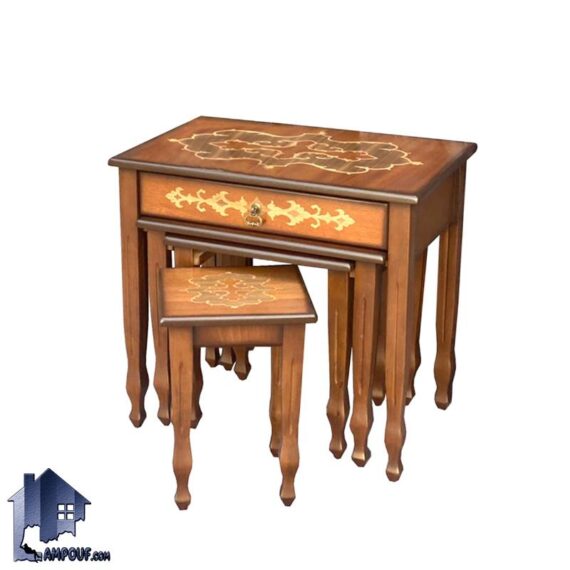 میز عسلی چهار تکه HOA73 به صورت کشو دار و جنس چوبی دارای صفحه معرق کاری شده که به عنوان میز جلومبلی در کنار مبلمان خانگی و ادارای به صورت کمجا طراحی شده است.