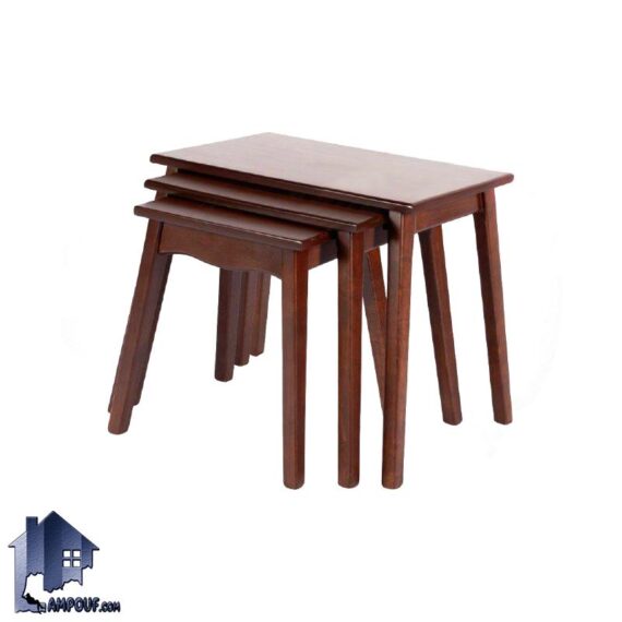 میز عسلی سه تکه HOA85 چوبی به صورت کمجا که به عنوان میز جلومبلی پذیرایی در کنار مبلمان خانگی و اداری و یا در سالن انتظار شرکت ها و مطب ها استفاده می‌شود.
