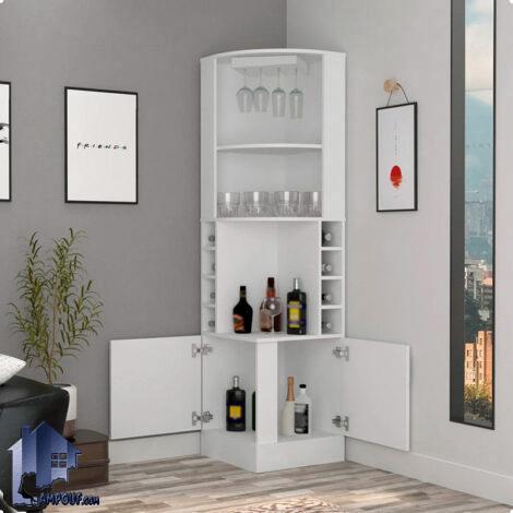 میز بار BTJ163 به صورت درب دار و دارای قفسه بطری و آویز گیلاس که به عنوان کمد و ویترین و کابینت بار در پذیرایی و آشپزخانه و کافی شاپ استفاده می‌شود.