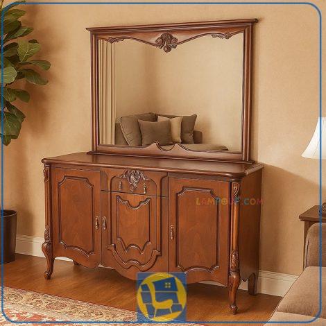 کنسول SCA240 چوبی دارای درب و کشو که به عنوان میز آرایش و توالت و گریم و دراور آینه دار در پذیرایی و یا در کنار سرویس خواب در اتاق خواب استفاده می‌شود.