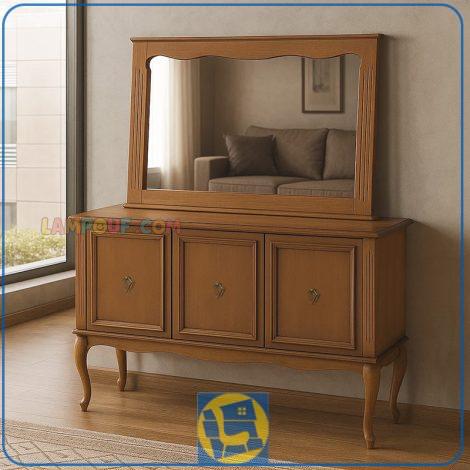 کنسول SCA763 چوبی کشو دار و دارای آینه که به عنوان دراور و میز داخل سالنی در پذیرایی و میز آرایش و گریم و توالت در کنار سرویس خواب در اتاق قرار می‌گیرد.