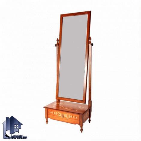 آینه قدی SMA198 چوبی کشو دار با قابلیت تنظیم زاویه که به عنوان دراور و کنسول و میز آرایش و گریم و توالت در کنار سرویس خواب در اتاق خواب استفاده می‌شود.