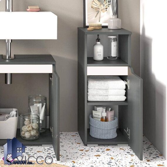 کمد سرویس بهداشتی BLJ101 درب دار و دارای قفسه و از جنس PVC روکش دار به صورت ضد آب و قابل شستشو که در داخل حمام و دستشویی در کنار روشویی استفاده میشود.