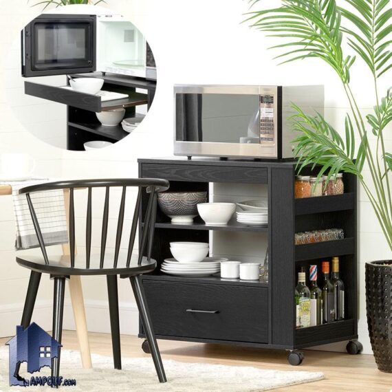 کابینت CSJ139 چرخ دار و دارای قفسه و کشو و صفحه کشویی که به عنوان میز ماکروفر و قهوه ساز و میز بار در آشپزخانه و پذیرایی و کافی شاپ استفاده می‌شود.