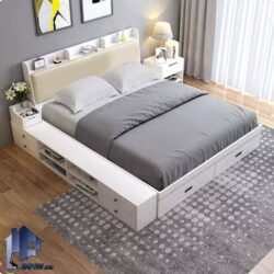 تخت خواب دو نفره DBJ196 با تاج با درب جکدار داشبوردی و دارای کناره قفسه دار و کشو دار که به عنوان تختخواب دونفره یا سرویس خواب کینگ و کوئین استفاده میشود.