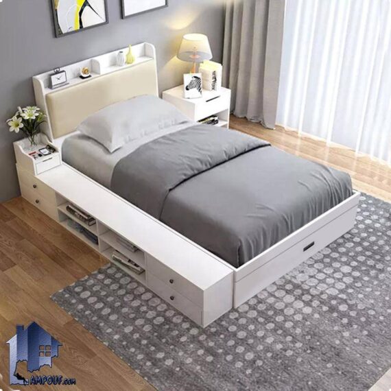 تخت خواب یک نفره SBJ229 دارای کناره کشو دار و قفسه دار که به عنوان تختخواب و تاج باکس در کنار سرویس خواب در اتاق نوجوان و بزرگسال استفاده می‌شود.