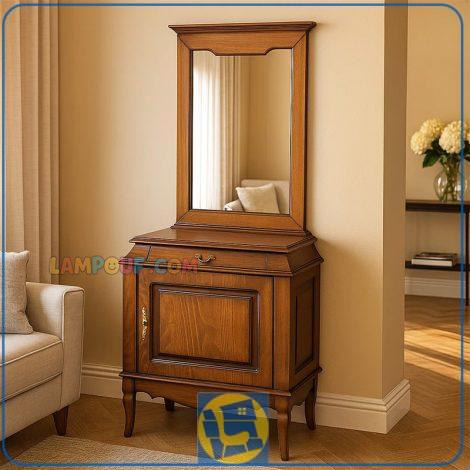 کنسول SCA04 چوبی کشو دار و درب دار که به عنوان میز آرایش و توالت و گریم و میز داخل سالنی آینه دار در پذیرایی و در کنار سرویس خواب در اتاق استفاده می‌شود.