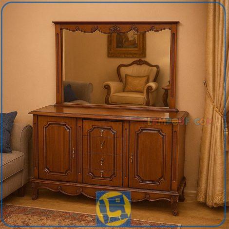 کنسول SCA803 چوبی و کشو دار که به عنوان دراور آینه دار و میز توالت و گریم و آرایش در کنار سرویس خواب در اتاق و میز داخل سالنی در پذیرایی قرار می‌گیرد.