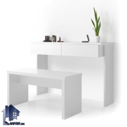 میز تحریر SDJ145 کشو دار و دارای صندلی یا نیمکت که به عنوان میز کامپیوتر و لپ تاپ و میز گیمینگ و کار و ترید در کنار سرویس خواب در اتاق خواب استفاده میشود.