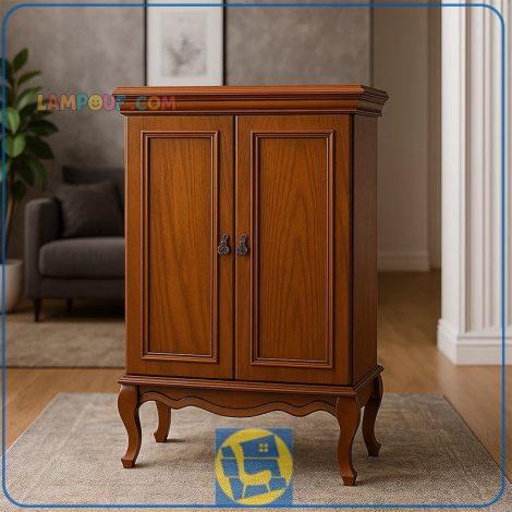 جاکفشی SHA60 چوبی قفسه دار و درب دار که به عنوان کمد و استند کفش در ورودی منزل و پذیرایی و یا در کنار سرویس خواب در اتاق خواب استفاده می‌شود.