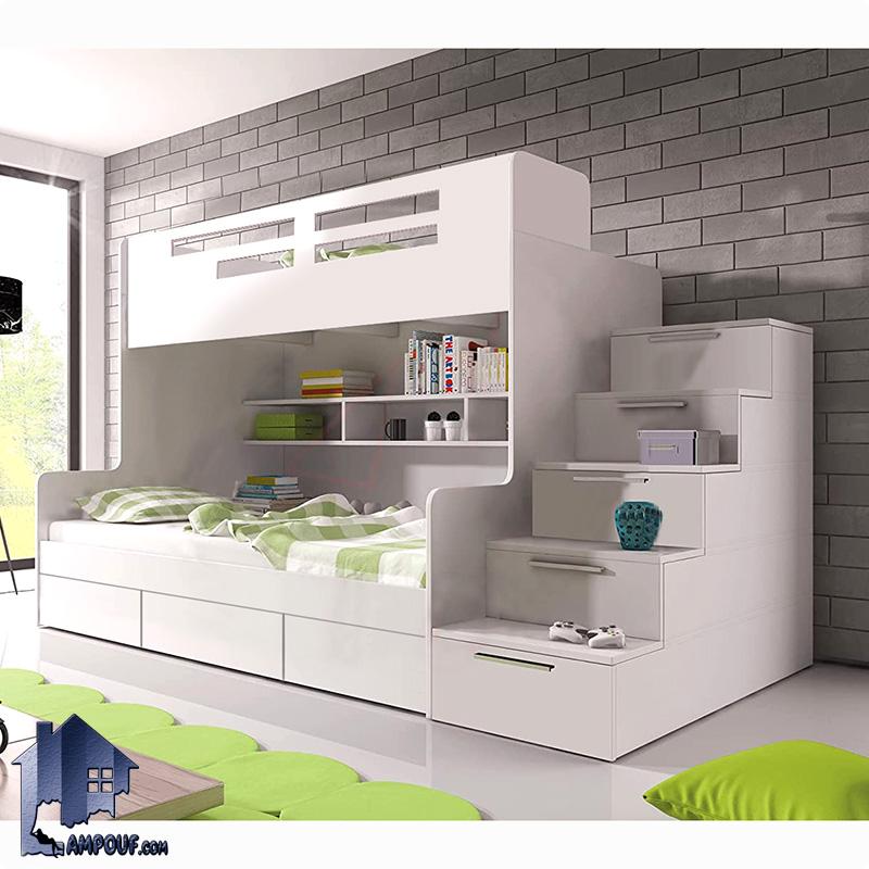 TBJ104 (1) تخت خواب دو طبقه TBJ104 دارای دراور و کشو و کتابخانه به صورت قفسه دار که به عنوان سرویس خواب و تختخواب کمجا در اتاق خواب نوجوان و بزرگسال استفاده میشود.