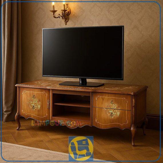 میز تلویزیون مدل TTA280 چوبی و معرق کاری شده به صورت کشو دار که به عنوان زیر تلویزیونی و استند و براکت LCD و LED و TV در تی وی روم و پذیرایی استفاده می‌شود.