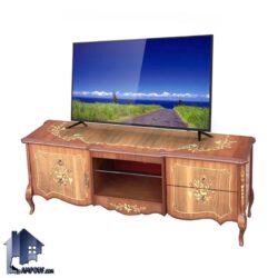 میز تلویزیون مدل TTA280 چوبی و معرق کاری شده به صورت کشو دار که به عنوان زیر تلویزیونی و استند و براکت LCD و LED و TV در تی وی روم و پذیرایی استفاده می‌شود.
