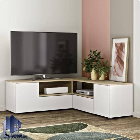 میز تلویزیون مدل TTJ125 به صورت کنجی و گوشه ای کشو دار و درب دار که به عنوان میز ال سی دی و ال ای دی و زیر تلویزیونی در تی وی روم و پذیرایی قرار می‌گیرد.