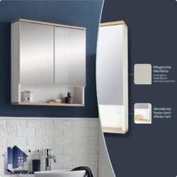 آینه سرویس بهداشتی BMJ101 باکس دار دارای درب برای حوله و لباس و لوازم بهداشتی و به صورت ضد آب و قابل شستشو که برای روشویی دستشویی و حمام استفاده می‌شود.