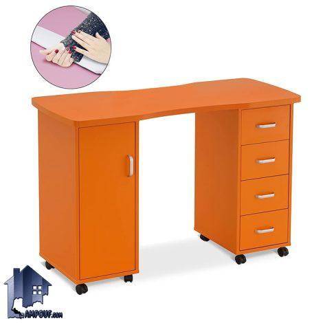 میز کاشت ناخن BShJ113 چرخ دار که به عنوان میز مانیکور قفسه دار و درب دار و کشو دار برای ترمیم و کاشت ناخن در سالن های زیبایی آرایشگاهی استفاده می‌شود.
