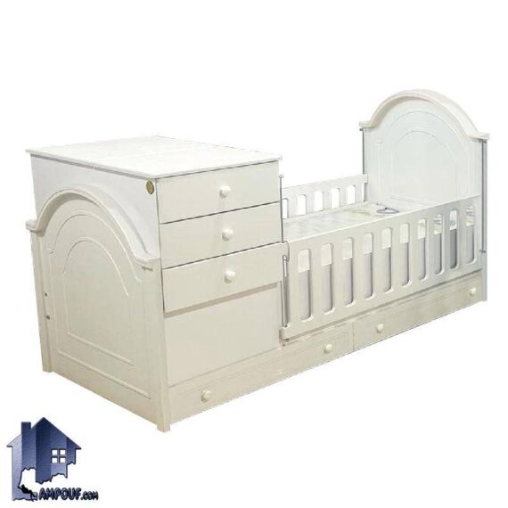 تخت خواب کودک و نوجوان CHE122 باکس دار و کشو دار و دارای حفاظ آسانسوری و دراور که به عنوان سیسمونی و سرویس خواب تبدیلی نوزاد و نوجوان در اتاق استفاده می‌شود.
