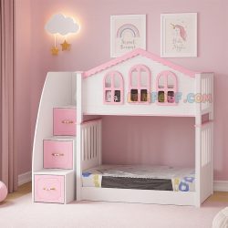 تخت خواب دو طبقه TBE106 دارای نرده حفاظ و به صورت تختخواب کشو دار و دراور دار که به عنوان سرویس خواب کمجا در اتاق کودک و نوجوان و بزرگسال استفاده می‌شود.