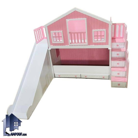 تخت خواب دو طبقه TBE107 طرح کلبه و خانه و دارای کشو و پله و به صورت سرسره دار که به عنوان تختخواب و سرویس خواب کمجا در اتاق نوجوان و بزرگسال قرار می‌گیرد.