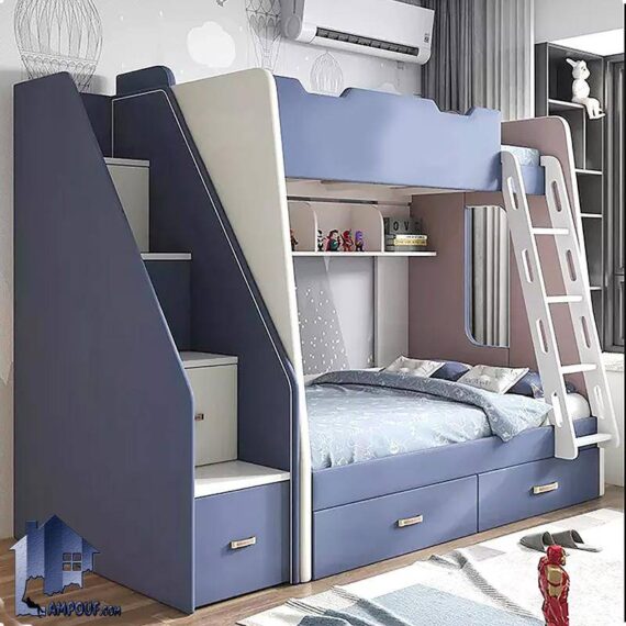 تخت خواب دو طبقه TBJ109 دارای پله کشو دار به صورت دراور که به عنوان تختخواب کمجا در کنار سرویس خواب نوجوان و بزرگسال در اتاق خواب استفاده می‌شود.