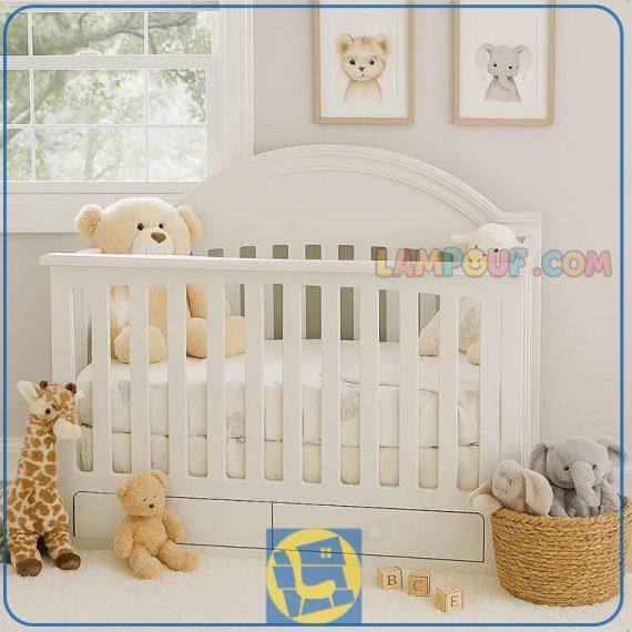 تخت خواب کودک CHE126 کشو دار و دارای حفاظ نرده ای و دراور در زیر تخت که به عنوان تختخواب نوزاد کنار سیسمونی و سرویس خواب کودک در اتاق خواب استفاده می‌شود.