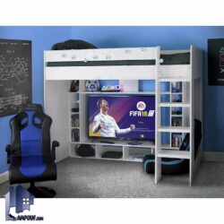 تخت خواب دو طبقه TBJ111 دارای میز تلویزیون، ال سی دی، ال ای دی، شلف، قفسه، ویترین که به عنوان سرویس خواب کمجا گیمینگ در اتاق نوجوان و بزرگسال قرار میگیرد.