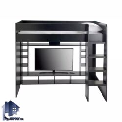 تخت خواب دو طبقه TBJ111 دارای میز تلویزیون، ال سی دی، ال ای دی، شلف، قفسه، ویترین که به عنوان سرویس خواب کمجا گیمینگ در اتاق نوجوان و بزرگسال قرار میگیرد.