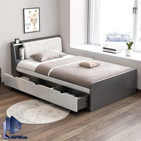 تخت خواب یک نفره sbj232 قفسه دار و کشو دار که به عنوان تختخواب و باکس تاج دار در کنار سرویس خواب در اتاق خواب بزرگسال و نوجوان استفاده می‌شود.