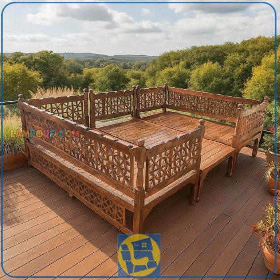 تخت سنتی 12 نفره TrK304 دارای گره چینی چوبی که به عنوان تخت باغی، قهوه خانه ای و سفره خانه ای در کافی شاپ، رستوران، بالکن و حیاط منزل و ویلا استفاده میشود.