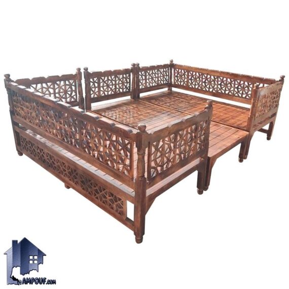 تخت سنتی 12 نفره TrK304 دارای گره چینی چوبی که به عنوان تخت باغی، قهوه خانه ای و سفره خانه ای در کافی شاپ، رستوران، بالکن و حیاط منزل و ویلا استفاده می‌شود.