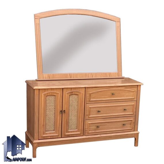 آینه کنسول حصیری SCA2023، از جنس ام دی اف با روکش چوب راش است. دارای 3 کشو و دو درب کمد حصیری، با آینه قاب دار و در رنگ بندیهای مختلف تولید شده است.