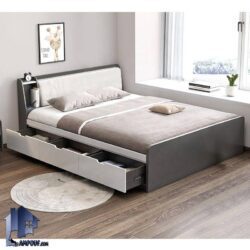 تخت خواب دو نفره DBJ200 دارای 3 کشو، 3 طبقه در اندازه های متفاوت در قسمت تاج، از جنس ام دی اف که با ابعاد کینگ و کوئین طراحی شده است.