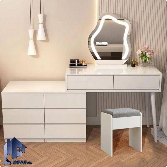 میز آرایش لامپ دار DJ667، دارای آینه طرح دار و با لامپ ال ای دی، 8 کشوی بزرگ جادار، با قابلیت تغییر رنگ بدنه و رنگ نشیمن صندلی است.