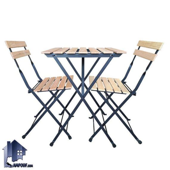 ست دونفره میز صندلی تاشو DTB95، مقاوم به نور خورشید و رطوبت، از جنس چوب نراد و فولاد ضدزنگ، مناسب برای کمپینگ، ویلا، باغ و ...