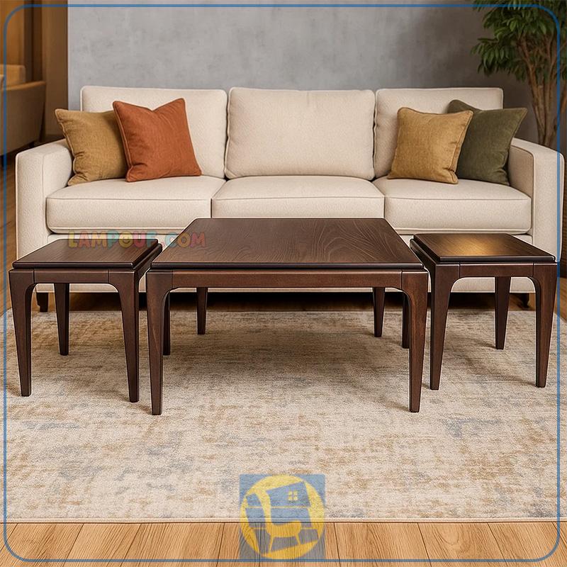 HOB166-1 میز جلومبلی HOB166 با دو عدد عسلی، به عنوان میز سه تکه از جنس ام دی اف با روکش چوب طبیعی راش و با قابلیت انتخاب رنگ است.