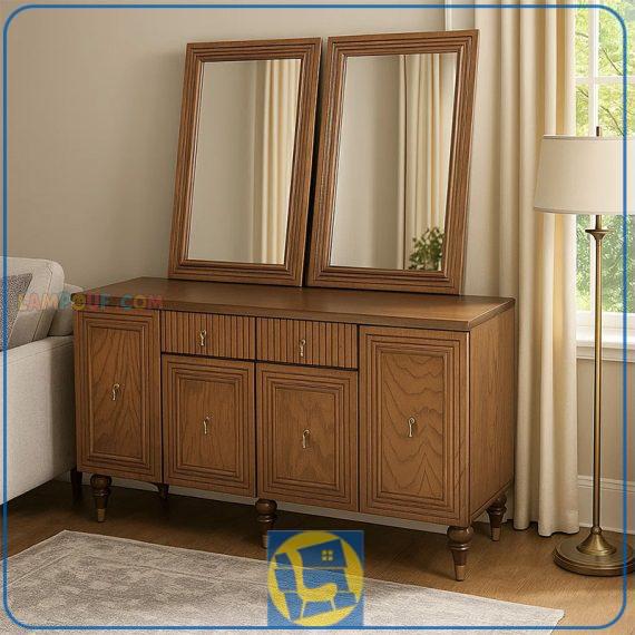 آینه کنسول SCA1110، دارای 4 درب در قسمت کمدها، 2 کشو، 2 آینه قاب‌دار جداگانه، از جنس ام دی اف با روکش چوب بلوط، پایه‌ها از جنس راش است.