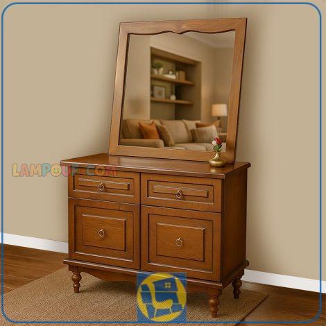 آینه کنسول SCA719، دارای 2 کمد، 2 کشو، 1 آینه قاب‌دار، بدنه از جنس ام دی اف با روکش چوب طبیعی بلوط و پایه‌ها از جنس چوب محکم راش است.