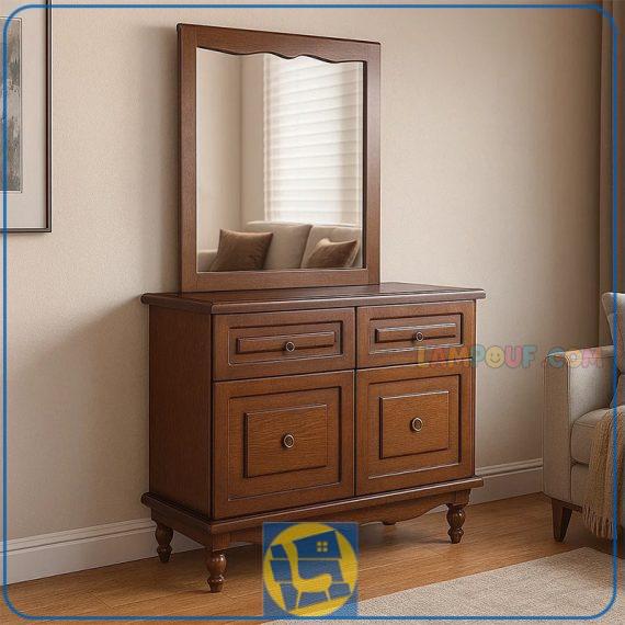 آینه کنسول SCA719، دارای 2 کمد، 2 کشو، 1 آینه قاب‌دار، بدنه از جنس ام دی اف با روکش چوب طبیعی بلوط و پایه‌ها از جنس چوب محکم راش است.