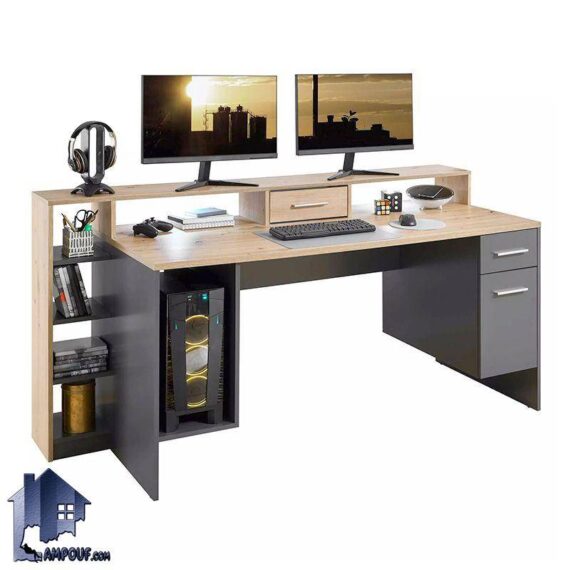 میز گیمینگ SDJ444 دارای 7 طبقه در قسمتهای مختلف، دو کشو، یک کمد و فضای قرارگیری دو مانیتور در روی میز مناسب گیم و ترید است.