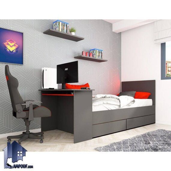 تخت خواب یک نفره SBJ239 با دو کشوی بزرگ در زیر تخت، میز کامپیوتر متصل، از جنس ام دی اف و قابل استفاده برای اتاق نوجوان و بزرگسال است.