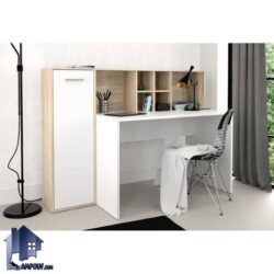 میز تحریر SDJ445، بصورت کتابخانهدار، دارای یک کمد متصل چهار طبقه و طبقات متعدد در قسمت میز، محصولی از گروه دکوراسیون راتیناج است.