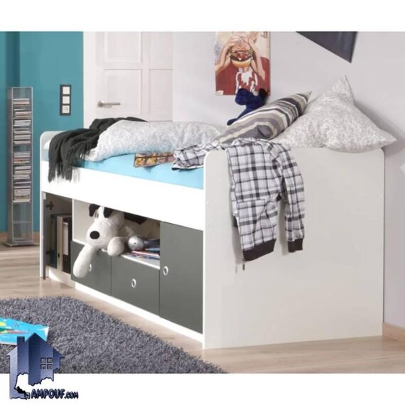 تخت خواب یک نفره SBJ240 دارای دو کشو، 2 کد و یک عدد شلف در قسمت زیرین تختخواب، مناسب اتاق نوجوان و بزرگسال است.